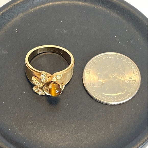Tiger Eye18K Gold Plated Ring Ribbed Band Stone Crystal Accents Sz 6.75 Vintage - Picture 7 of 8
